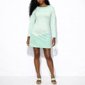 80s Vintage Light Green Shirt Dress Womens S Striped Asymetrical Geometric Knit